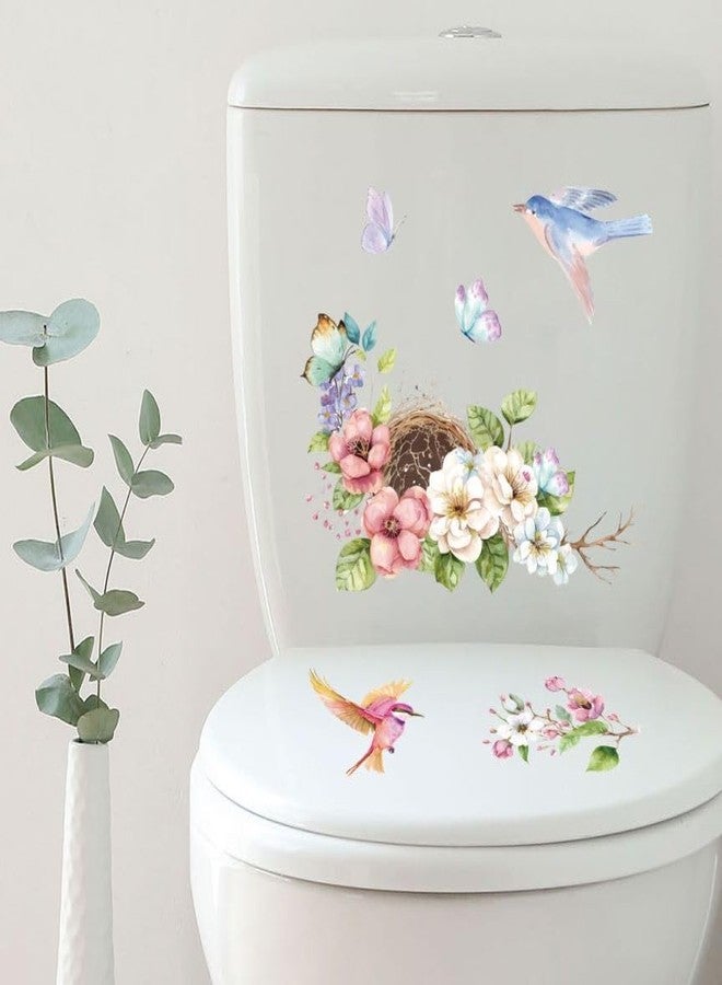 Ethanberg 3 Sheets Flowers Birds Butterflies Toilet Seat Lid Stickers, Removable Waterproof Toilet Cover Sticker Decals, Self-Adhesive Bathroom Wall Stickers, Toilets Seat Decals for WC Restroom Home Decor - Image 1